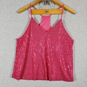 Glam Pink Sequin V-Neck Camisole Tank Top Women's XL Adjustable Straps Y2K